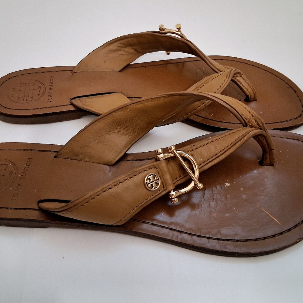 Tory Burch Gold Horse-bit Brown Leather Sandals 7.5 M